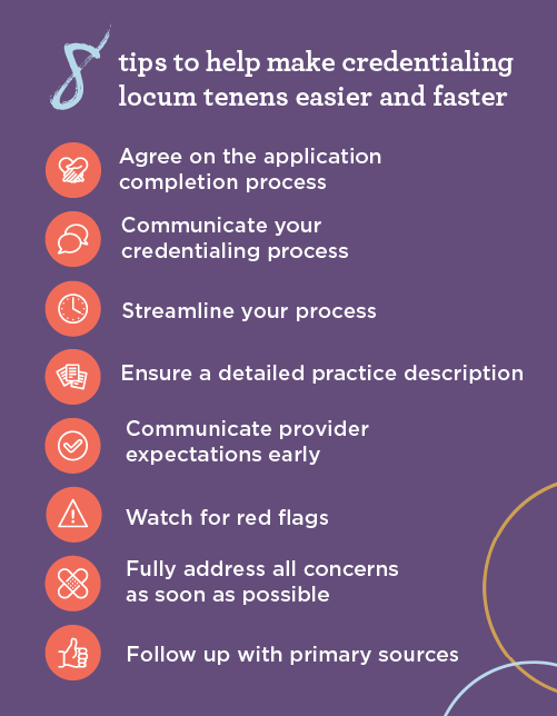 Graphic list of 8 tips to make the locum tenens credentialing process easier