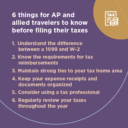 Infographic listing 6 things AP and allied travelers should know about filing taxes