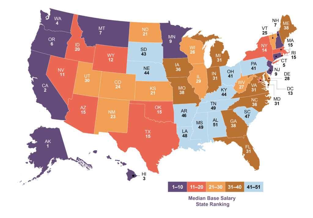 Map - Median PA base salary by state rankings