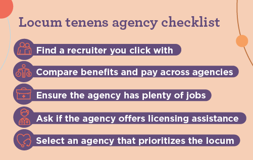 Graphic image of a locum tenens agency checklist, listing 5 items