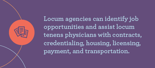 Graphic with text explaining that locum tenens agencies can help physician identify work opportunities