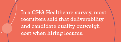 Graphic stating that a survey found recruiters care more about quality and deliverability than cost when hiring locum tenens providers.